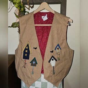 Vtg Embroidered Vest Women's‎ Cotton Birds Birdhouse Fall Teacher Art 90s Nature